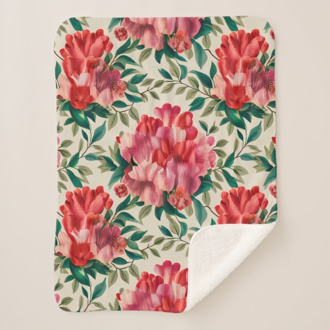 Elegant Floral Pattern with Red and Pink Flowers  Sherpa Blanket (Front)