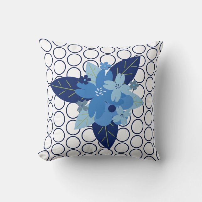 Elegant Floral Patterned Blue Monochromatic Design Cushion (Front)