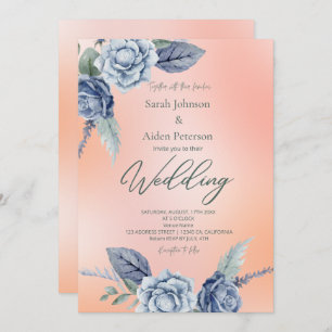Elegant Floral Peach and Dusty Blue Wedding Invitation