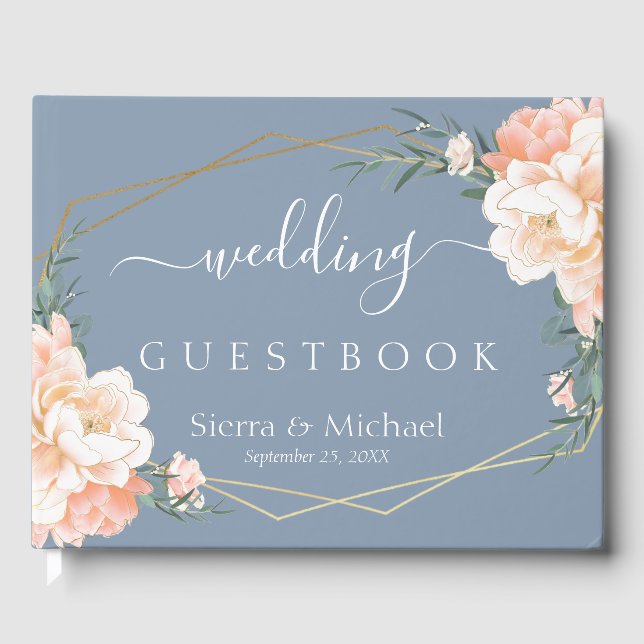 Elegant Floral Peach Cream Gold Dusty Blue Wedding Guest Book (Front)