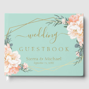 Elegant Floral Peach Cream Gold Mint Green Wedding Guest Book