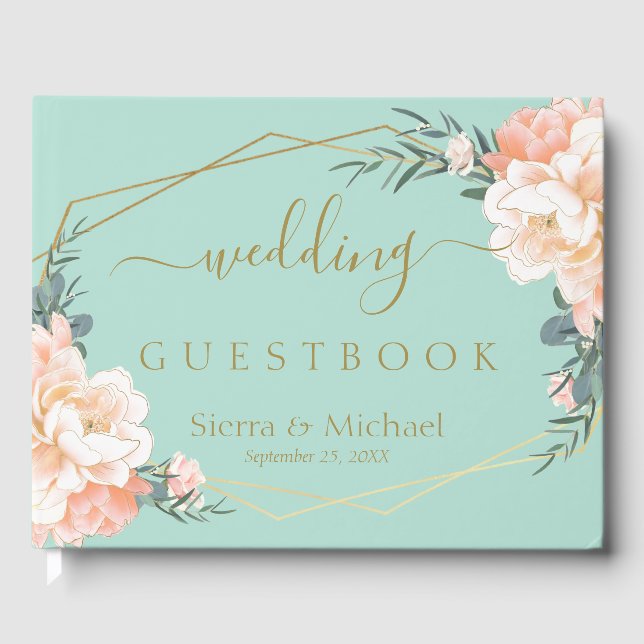 Elegant Floral Peach Cream Gold Mint Green Wedding Guest Book (Front)