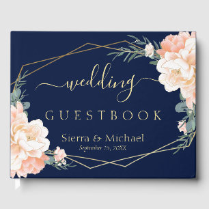 Elegant Floral Peach Cream Gold Navy Blue Wedding Guest Book