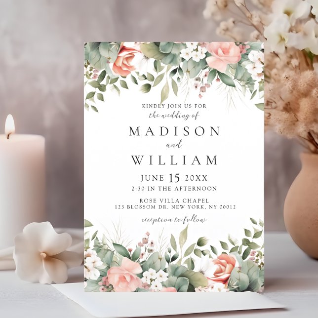 Elegant Floral Peach Sage Botanical Wedding Invitation (Creator Uploaded)