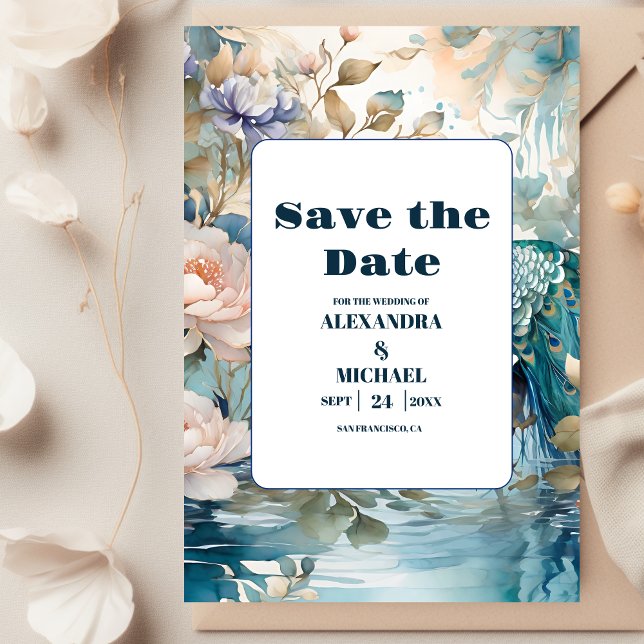 Elegant Floral Peacock Chinoiserie Wedding Save The Date (Creator Uploaded)