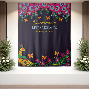 Elegant Floral Peacock Folk Art Fiesta Quinceanera Tapestry