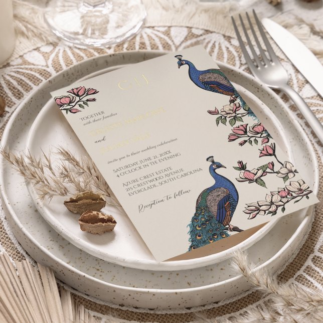 Elegant Floral Peacock Gold Wedding (Real Gold Foil Elegant Rustic Peacock on Magnolia Tree. Hand-Drawn Modern Chinoiserie Style in Ivory)