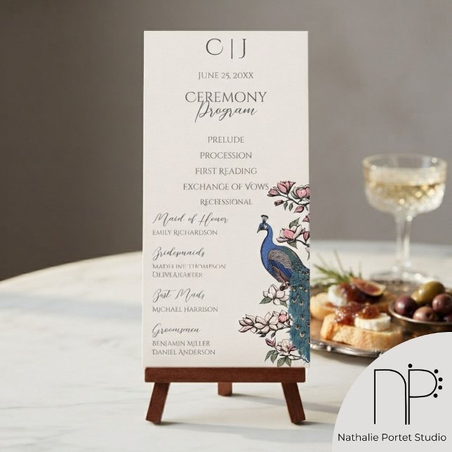 Elegant Floral Peacock Order of Service Programs (Chic hand-drawn blue peacock wedding program featuring bird with teal feathers and magnolia flowers)