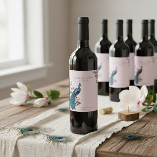 Elegant Floral Peacock Pink Wedding Wine Labels