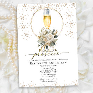 Elegant Floral Pearls & Prosecco Bridal Shower Invitation