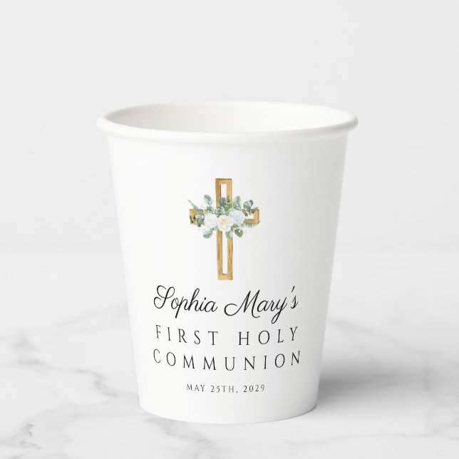 Elegant Floral Peonies First Communion Paper Cups (Front)