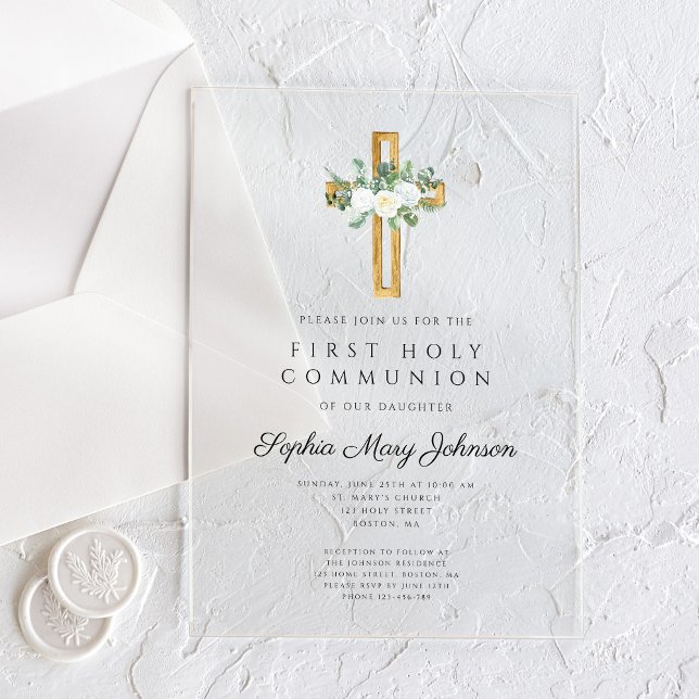 Elegant Floral Peonies Girl First Communion Acrylic Invitations (Elegant Floral Peonies Girl First Communion Acrylic Invitations)