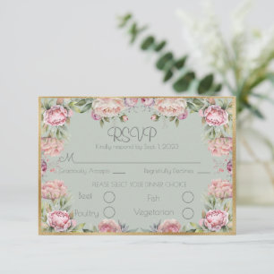 Elegant Floral Peonies Gold Script Wedding RSVP