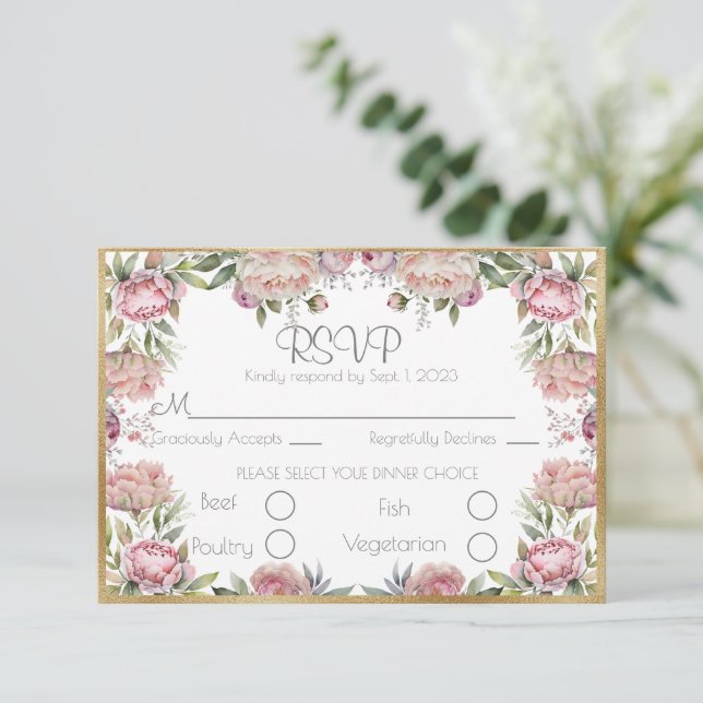 Elegant Floral Peonies Gold Script Wedding RSVP Card (Standing Front)