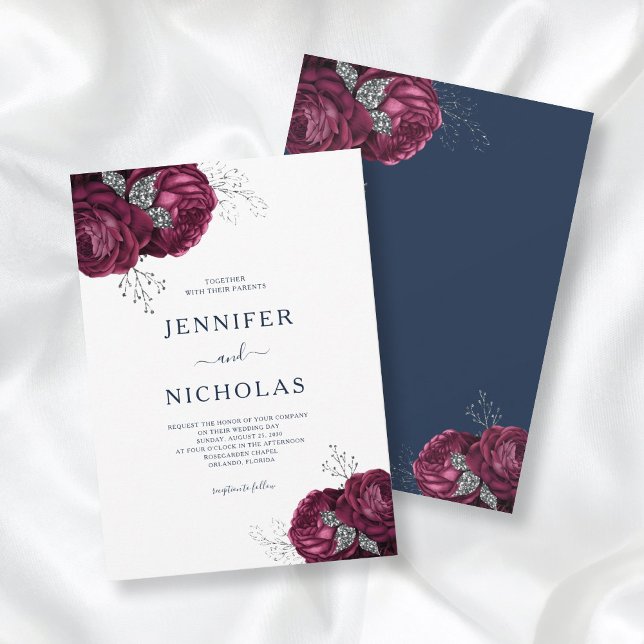 Elegant Floral Peonies Navy Blue Burgundy Wedding  Invitation (Creator Uploaded)