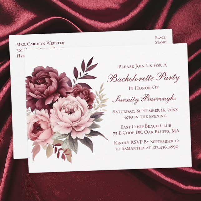 Elegant Floral Peony Burgundy Bachelorette Party Invitation Postcard (Creator Uploaded)
