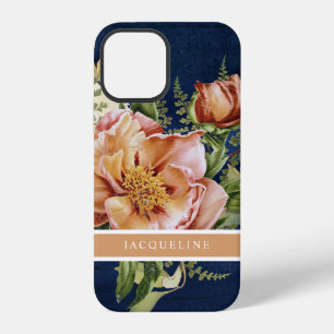 Elegant Floral Peony Pink Burgundy Navy Blue Wood iPhone 12 Case