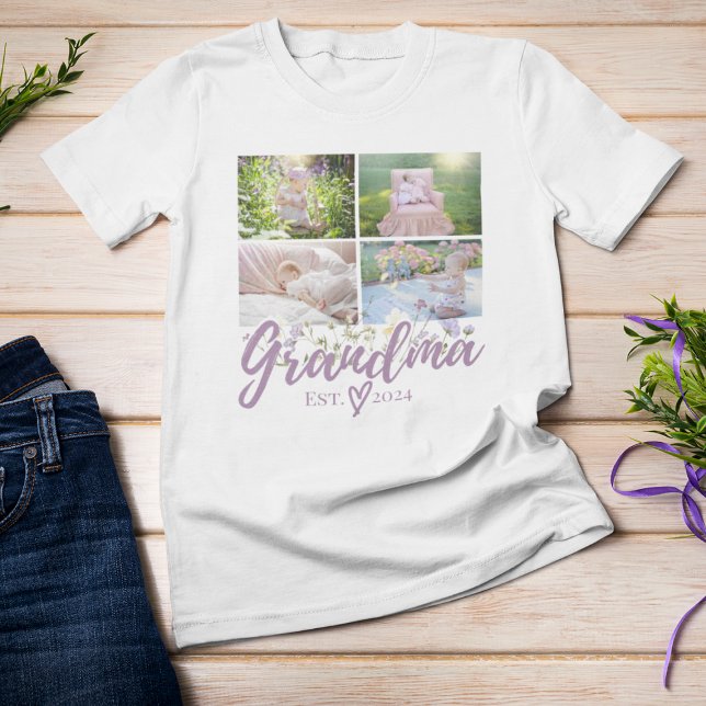 Elegant Floral Personalised Grandma Photo T-Shirt (White "Grandma 2024" t-shirt with baby photo collage on wood.)