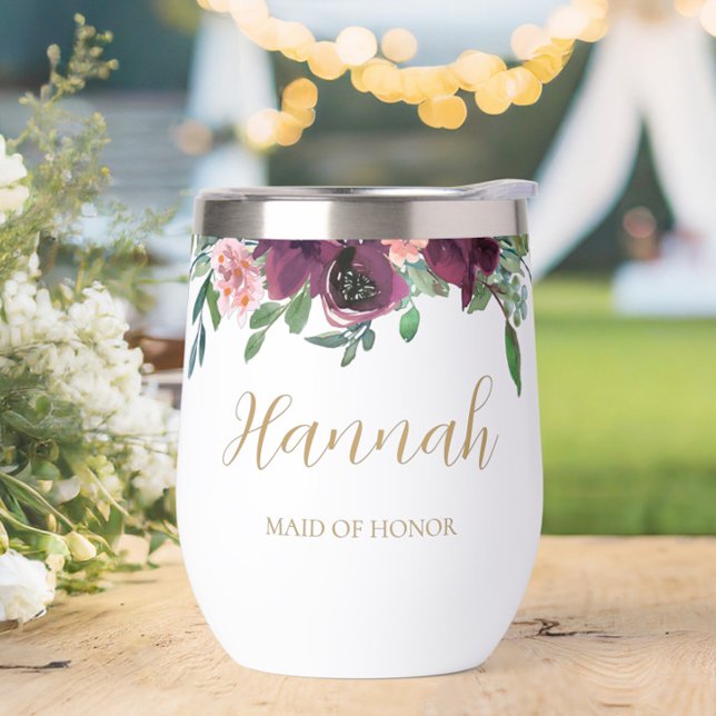 Elegant Floral Personalised Maid of Honour (Personalized Elegant Floral Maid of Honor Wine Tumbler- The perfect gift to say thank you!)