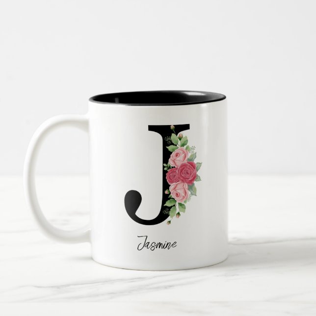 Elegant Floral Personalised Monogram Coffee Mug J (Left)