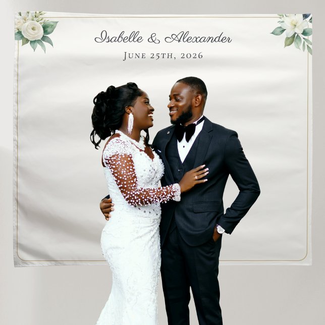 Elegant Floral Personalised Wedding Backdrop Tapestry (A wedding backdrop with white florals, personalized with couple's names and wedding date)