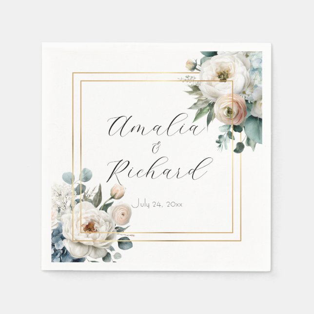 Elegant Floral Personalised Wedding Napkins (Front)