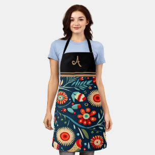 Elegant Floral Personalized Initial Name Apron
