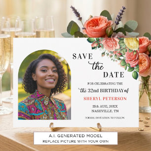Elegant Floral Photo 32nd Birthday Party Save The Date