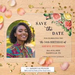 Elegant Floral Photo 34th Birthday Save the Date Acrylic Invitations