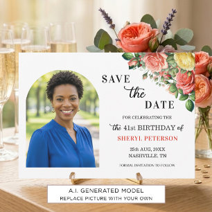 Elegant Floral Photo 41st Birthday Party Save The Date