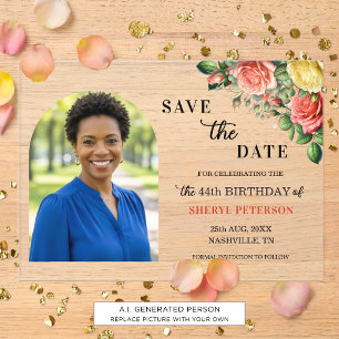 Elegant Floral Photo 44th Birthday Save the Date Acrylic Invitations