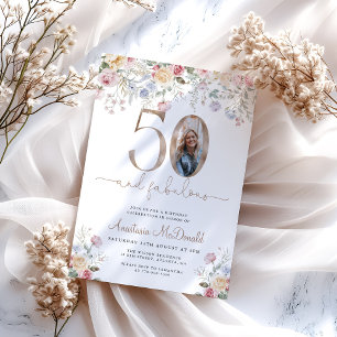 Elegant Floral Photo 50th Birthday Invitation