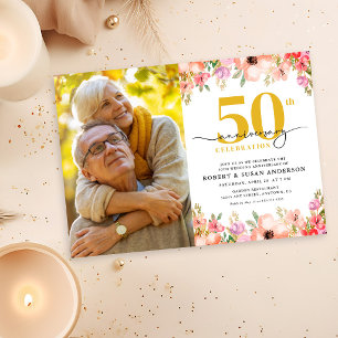 Elegant Floral Photo 50th Wedding Anniversary Invitation