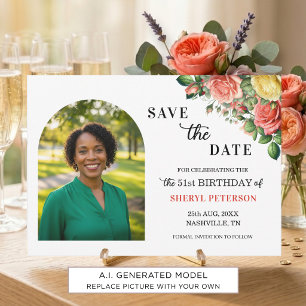 Elegant Floral Photo 51st Birthday Party Save The Date