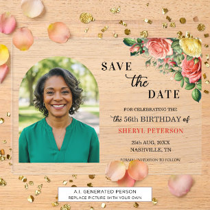 Elegant Floral Photo 56th Birthday Save the Date Acrylic Invitations