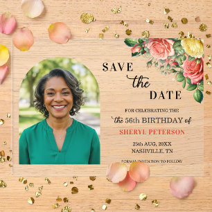Elegant Floral Photo 56th Birthday Save the Date Acrylic Invitations