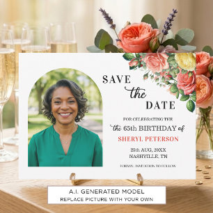 Elegant Floral Photo 65th Birthday Party Save The Date