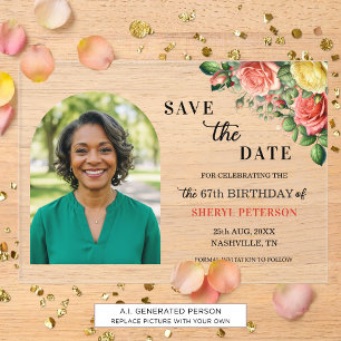 Elegant Floral Photo 67th Birthday Save the Date Acrylic Invitations