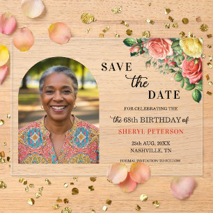 Elegant Floral Photo 68th Birthday Save the Date Acrylic Invitations