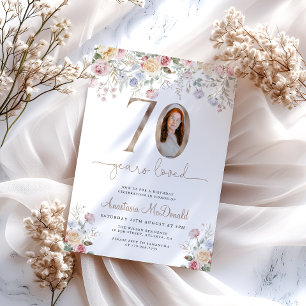 Elegant Floral Photo 70th Birthday Invitation