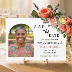 Elegant Floral Photo 75th Birthday Party Save The Date