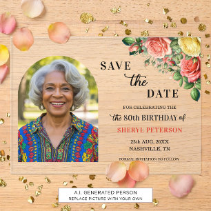 Elegant Floral Photo 80th Birthday Save the Date Acrylic Invitations