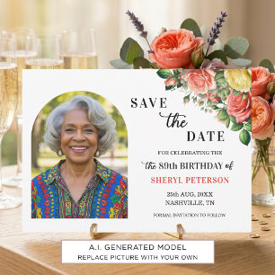 Elegant Floral Photo 89th Birthday Party Save The Date