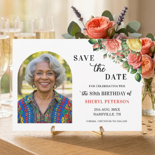 Elegant Floral Photo 89th Birthday Party Save The Date
