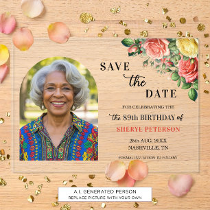 Elegant Floral Photo 89th Birthday Save the Date Acrylic Invitations