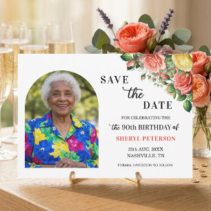 Elegant Floral Photo 90th Birthday Party Save The Date