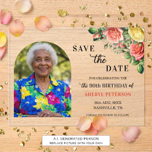 Elegant Floral Photo 90th Birthday Save the Date Acrylic Invitations