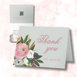 Elegant Floral Photo Link 90th Birthday Party  Thank You Card<br><div class="desc">Conclude this special 90th birthday celebration in a elegant style with this beautifully hand painted thank you card with colourful yet gentle flowers -- leading with blush pink and greenery, yet adding interesting other touches of colour. The text can be personalised for your party including the guest of honour's age....</div>