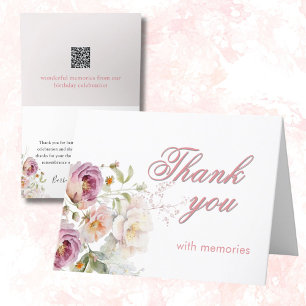 Elegant Floral Photo QR Link Any Year Birthday  Thank You Card
