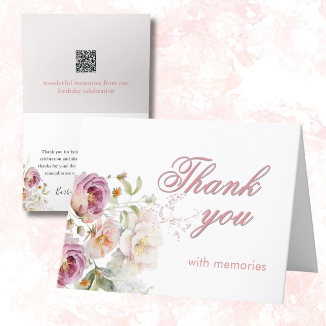 Elegant Floral Photo QR Link Any Year Birthday  Thank You Card (Creator Uploaded)